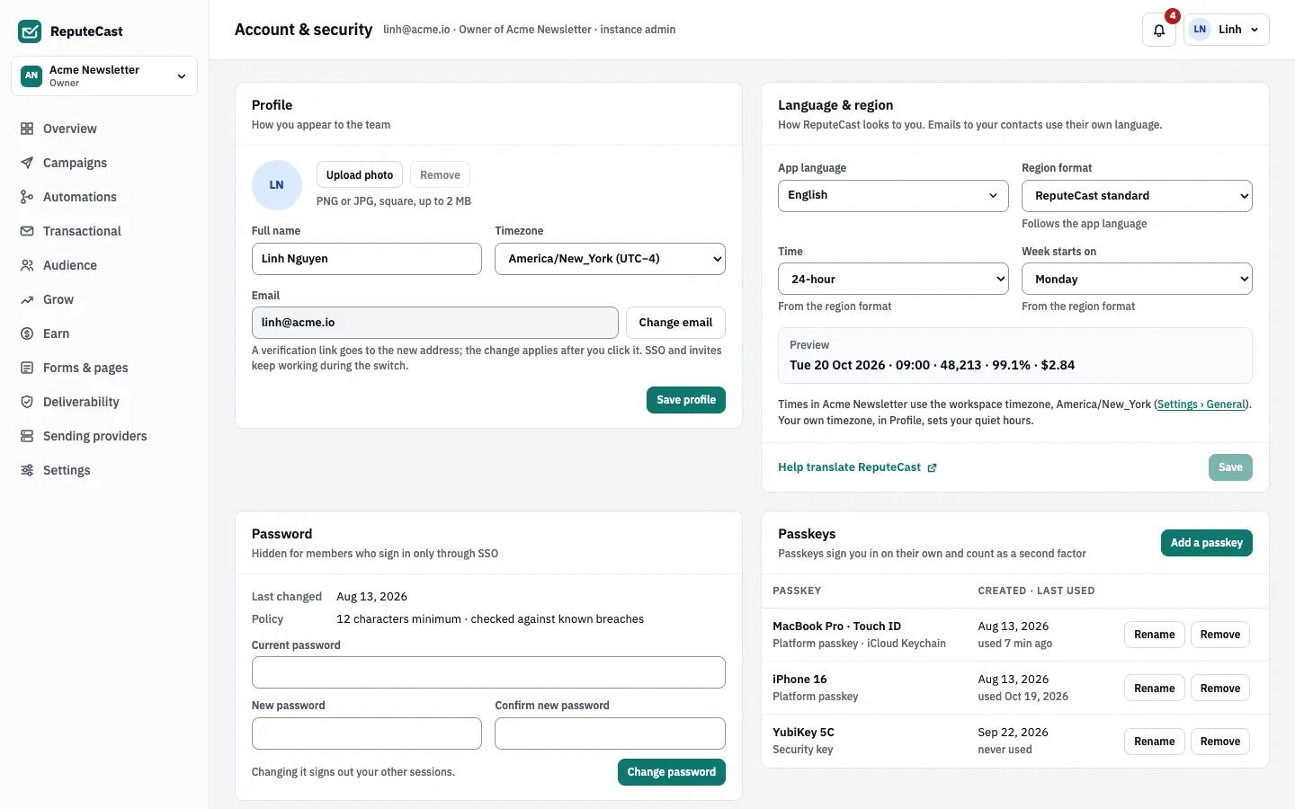 Account & security with the Profile, Language & region, Password and Passkeys cards; the Password card shows the policy line with the minimum length.