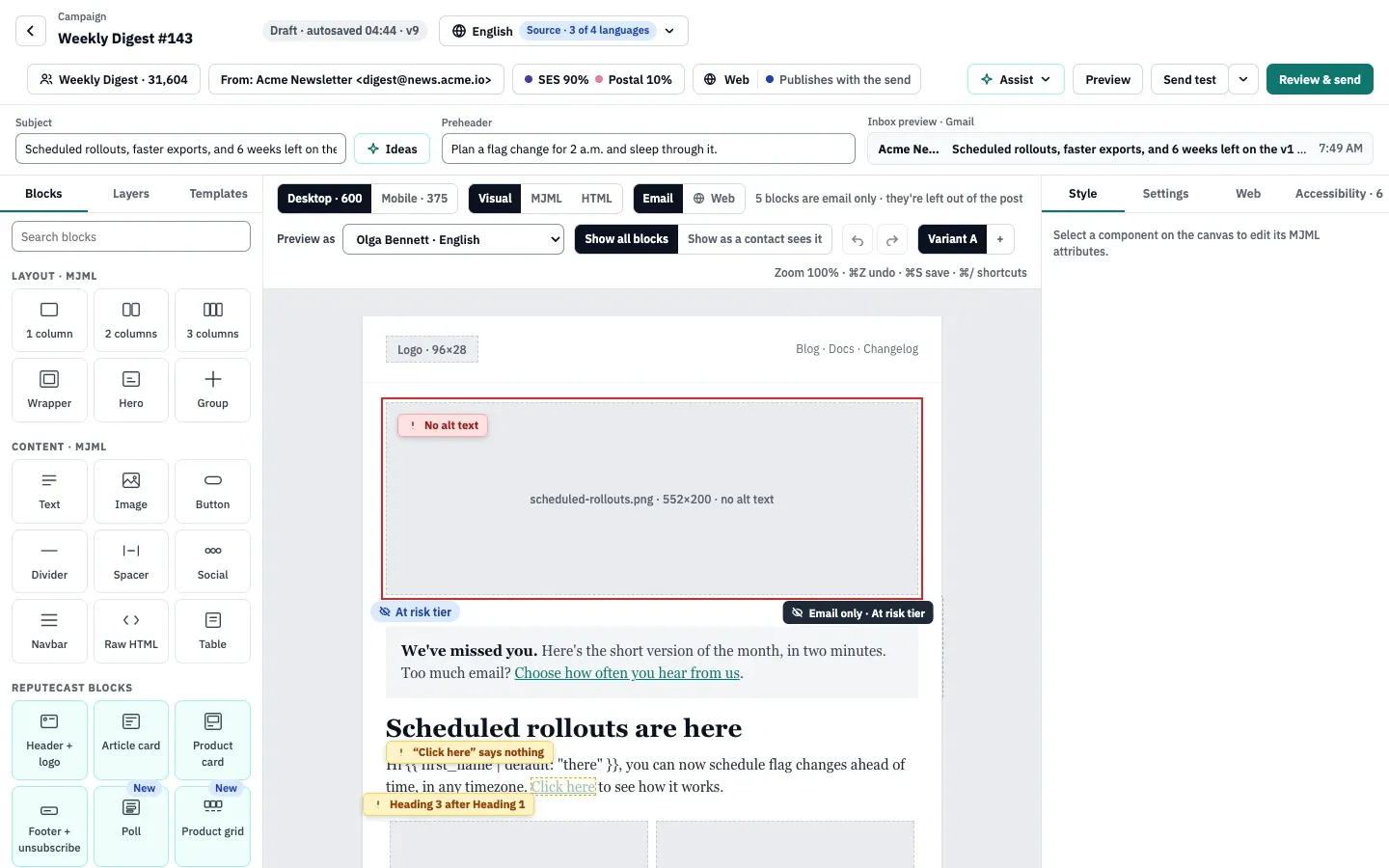 A rewrite suggestion in the composer: the original paragraph and the suggested text shown as a change, with Accept, Edit, Reject and Try again, and a line naming the model and what was sent.