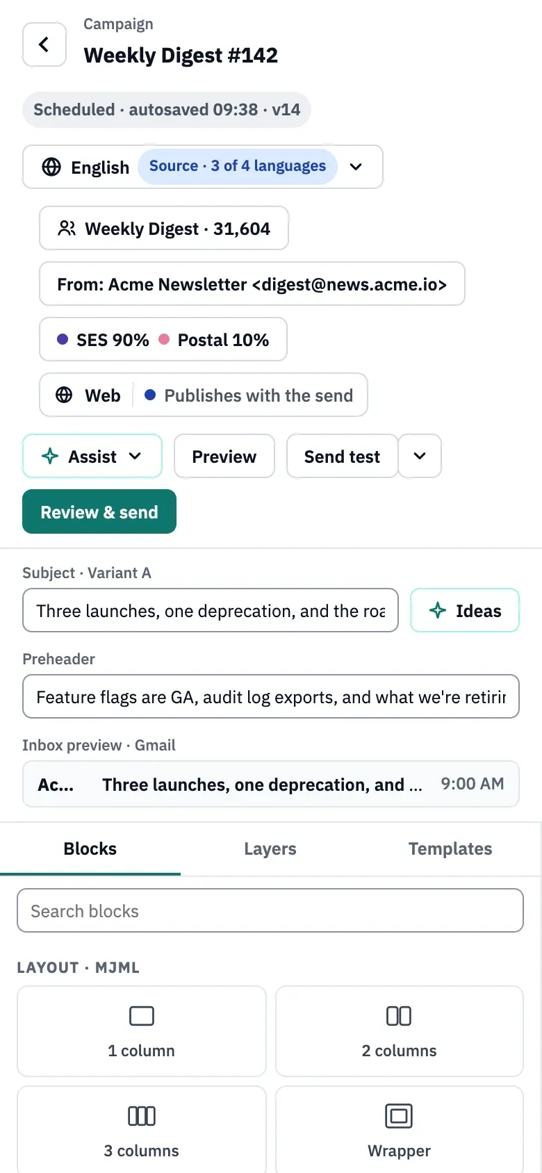 The composer on a phone: the header actions on two rows, the email zoomed to fit the screen, and the panels below it.