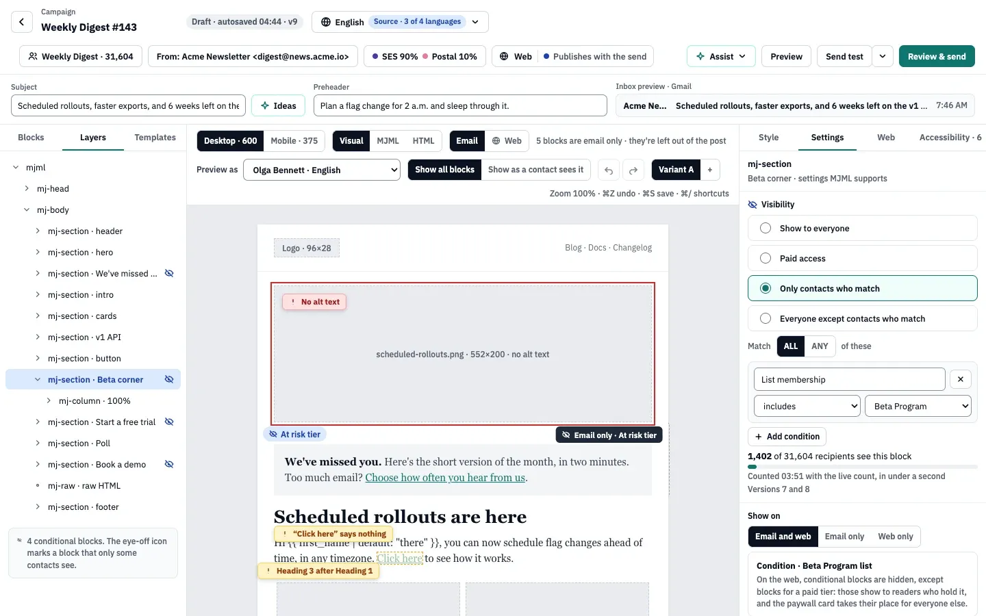 The Visibility section of the Beta corner section: Only contacts who match is selected, with the condition List membership includes Beta Program, and 1,402 of 31,604 recipients see this block. The Layers panel marks the conditional sections with an eye-off icon.