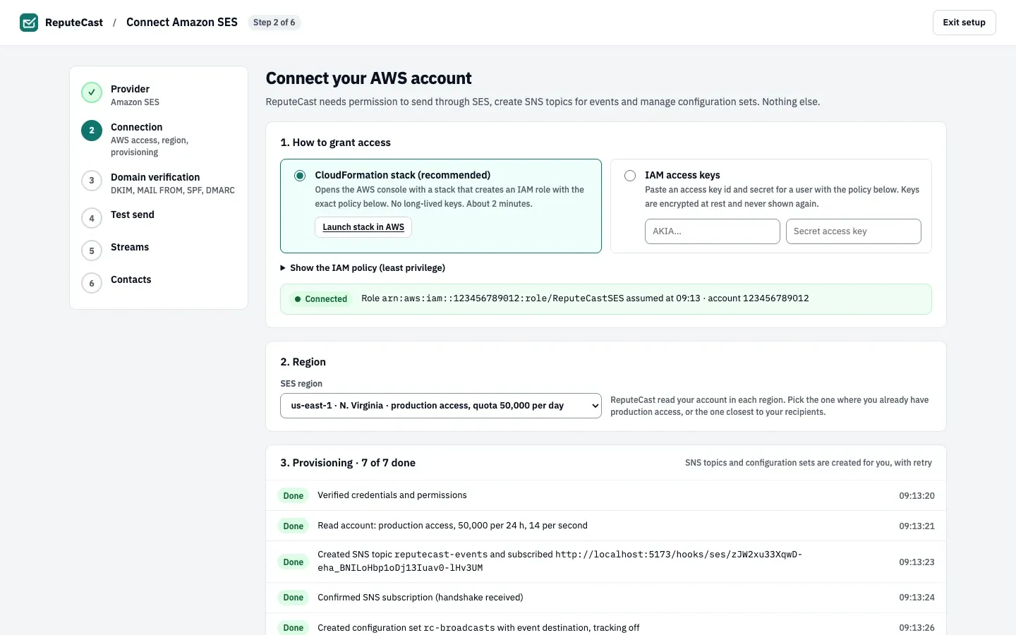 The connection step for Amazon SES: AWS access through a CloudFormation stack or IAM access keys, the SES region, and provisioning of SNS topics and configuration sets.