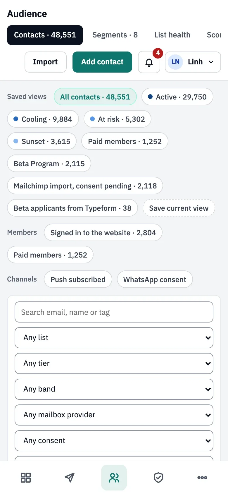 Contacts on a phone: saved views as chips, then the search field and one filter per row, with the app's sections in a bar at the bottom.