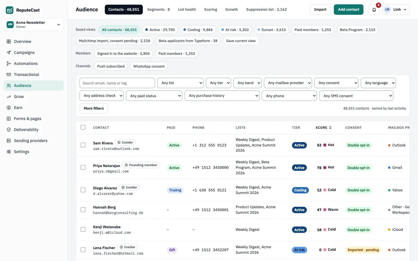 Contacts with saved views as chips above the filters, then a table showing each contact's lists, tier, score, consent and mailbox provider.