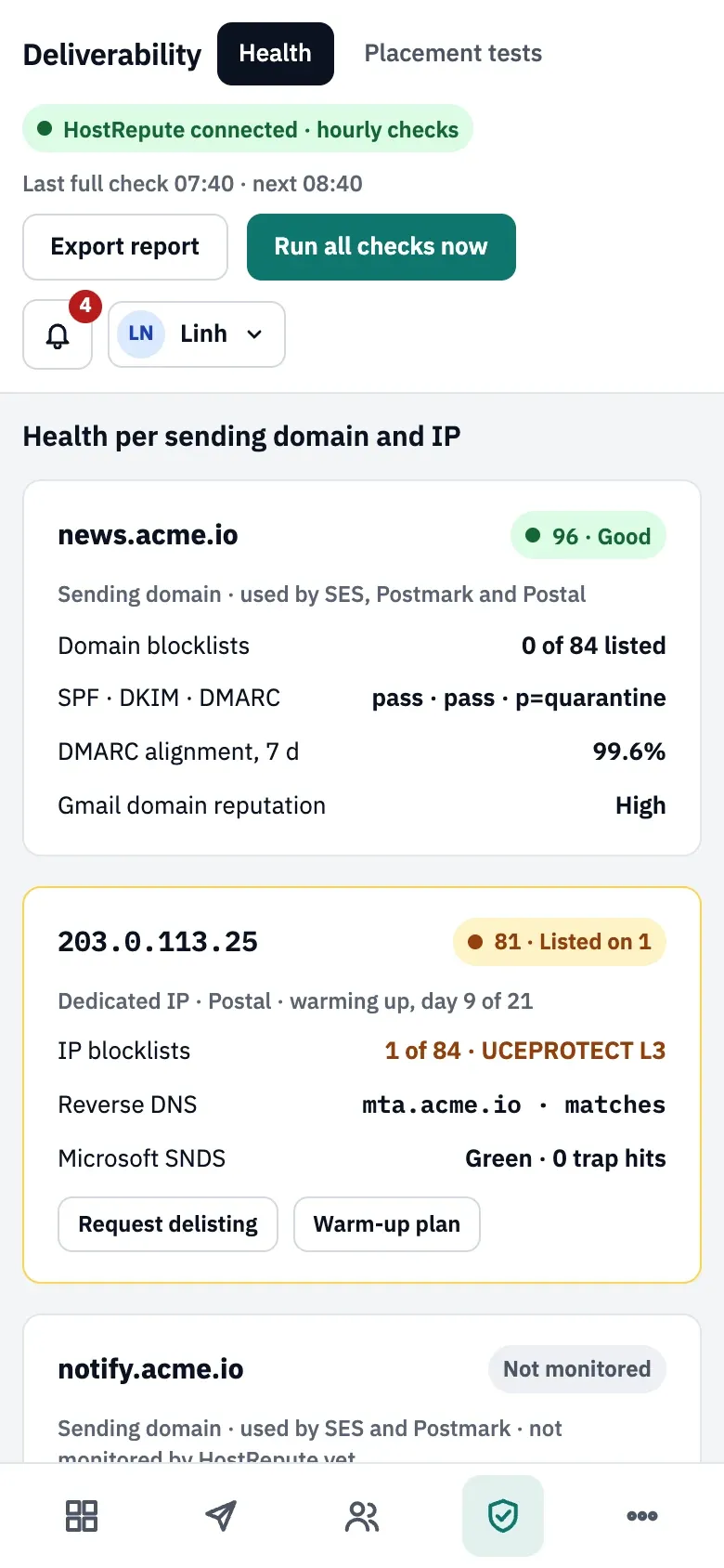 Deliverability Health on a phone: the HostRepute badge and the Export report and Run all checks now buttons above the domain and IP cards, with Deliverability selected in the bottom tab bar.