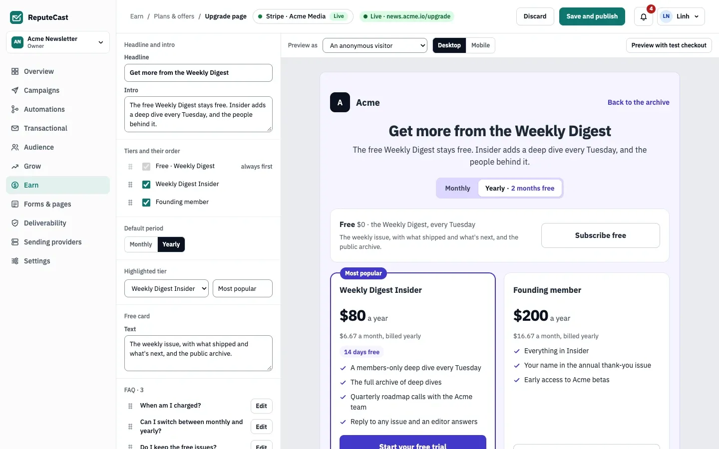 The upgrade page editor: headline and intro, the tiers and their order, default period Yearly, Weekly Digest Insider highlighted as Most popular, the free card and FAQ, with a live preview at news.acme.io/upgrade.