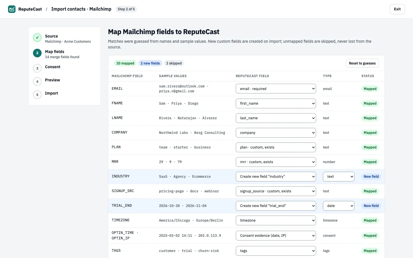 Map fields: each source field with sample values, the ReputeCast field it maps to, its type and a Mapped, New field or Skipped badge.