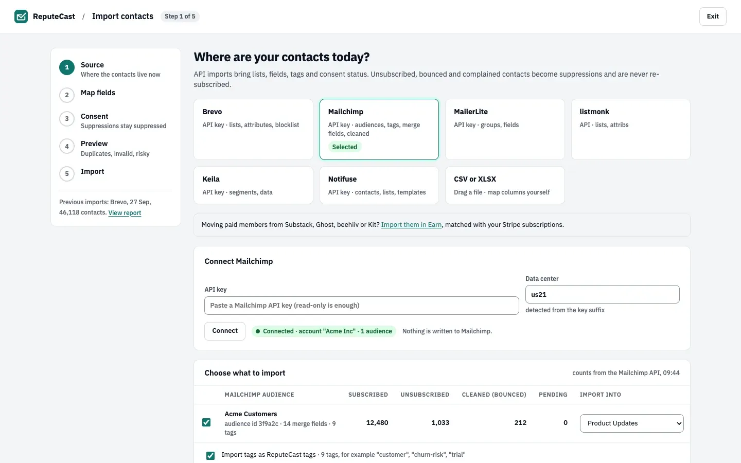 Step 1 of the Import contacts wizard: seven sources, Mailchimp connected with one audience of 12,480 subscribed, 1,033 unsubscribed and 212 cleaned contacts going into the Product Updates list.