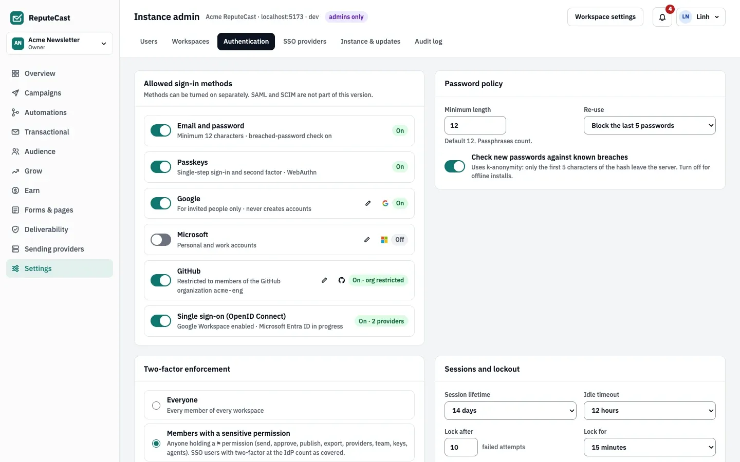 The Authentication tab with the allowed sign-in methods (password, passkeys, Google, Microsoft, GitHub and single sign-on), the password policy and the session and lockout settings.