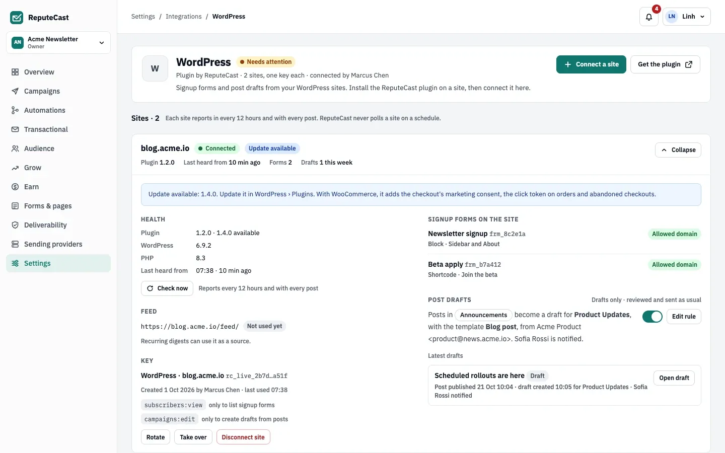 The WordPress page in ReputeCast: the connected sites with their plugin version, when each last reported, the forms used on the site and the post drafts, and a site that hasn't reported recently.