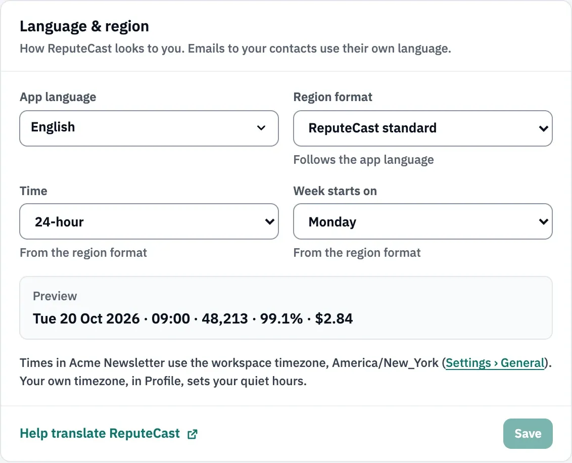 The Language & region card: App language English, Region format ReputeCast standard following the app language, 24-hour time and weeks starting on Monday, with a preview of a date, time, number, percentage and amount.