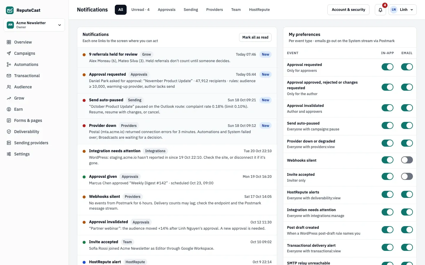 The Notifications page: tabs from All to HostRepute, a list of notifications such as a held referral queue, an approval request and an auto-paused send, and the My preferences card with in-app and email switches per event.