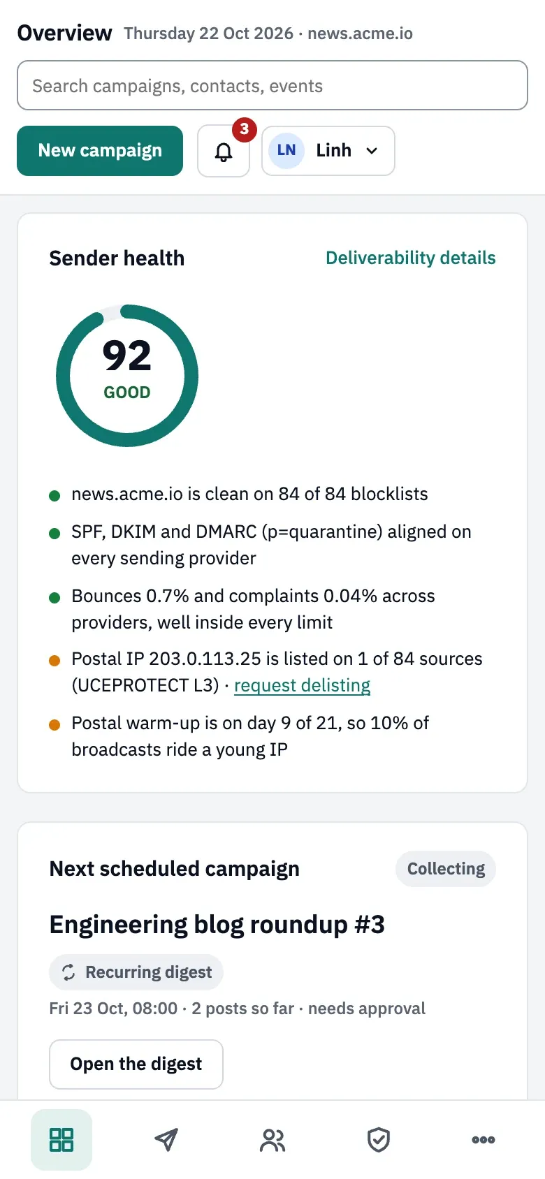The Overview on a phone: the sender health score with its findings and the next scheduled campaign, and a tab bar at the bottom.