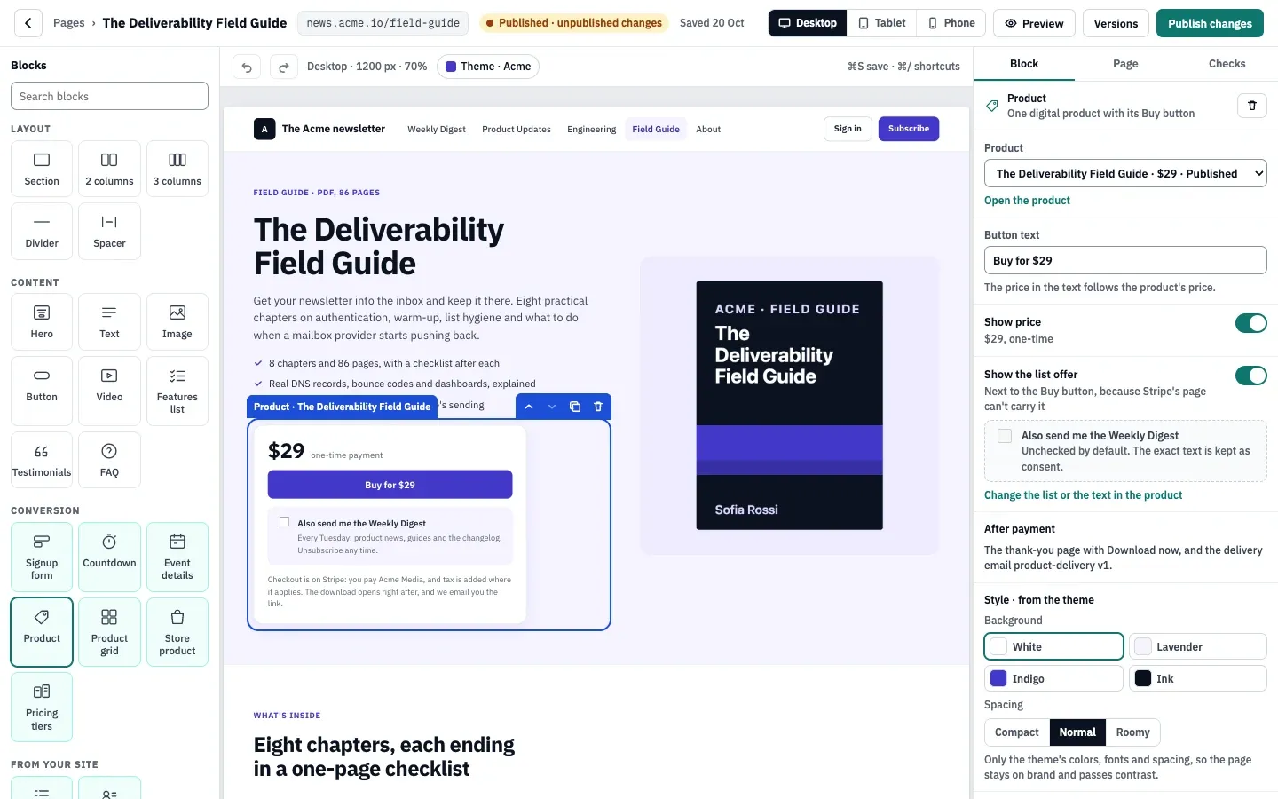 The page builder with the Deliverability Field Guide sales page: blocks on the left, the hero with a Buy for $29 button in the middle, and the Product block's settings on the right.