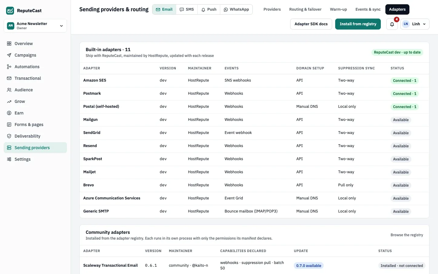 The Adapters tab: the eleven built-in adapters with their events, domain setup and suppression sync, then the community adapters installed on this instance.