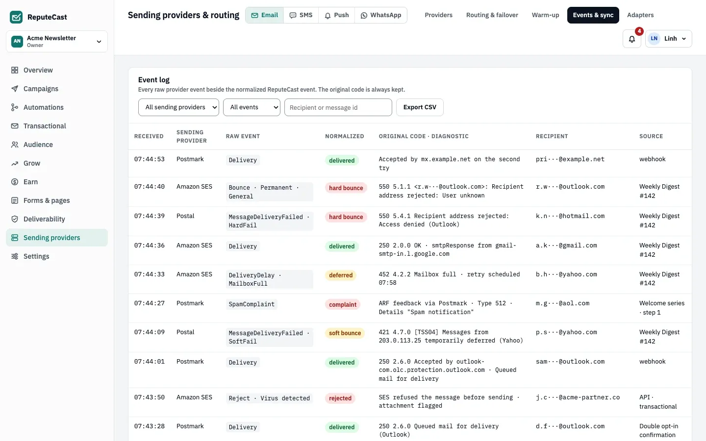 The event log under Events & sync: each raw provider event, such as an Amazon SES Bounce · Permanent · General, beside its normalized type, the original code and diagnostic, the recipient and the campaign that sent it.