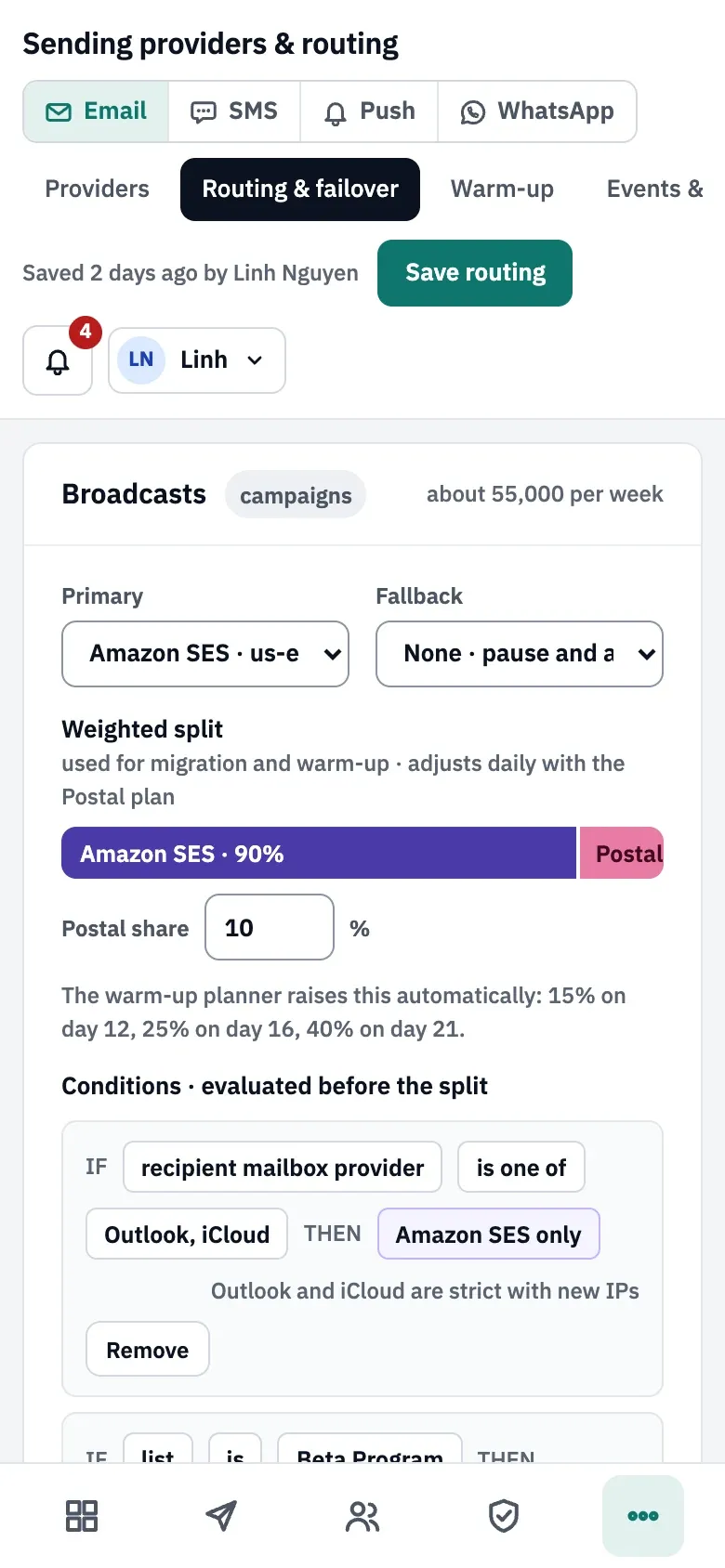 The routing page on a phone: the Broadcasts card with its primary, fallback, weighted split and the first condition, above the bottom tab bar.