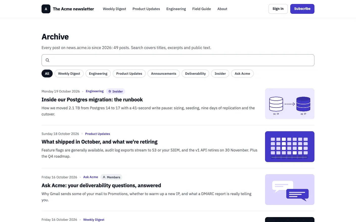 The public archive of the Acme newsletter with a search box, one filter per list and the latest posts, each with its date, list, title and excerpt.