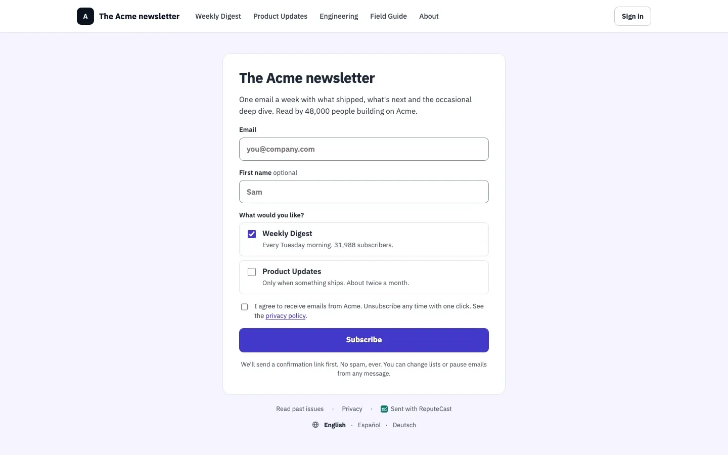 The Acme newsletter's public subscribe page: a heading, an email field with a Subscribe button, a choice between Weekly Digest and Product Updates, and the consent text.