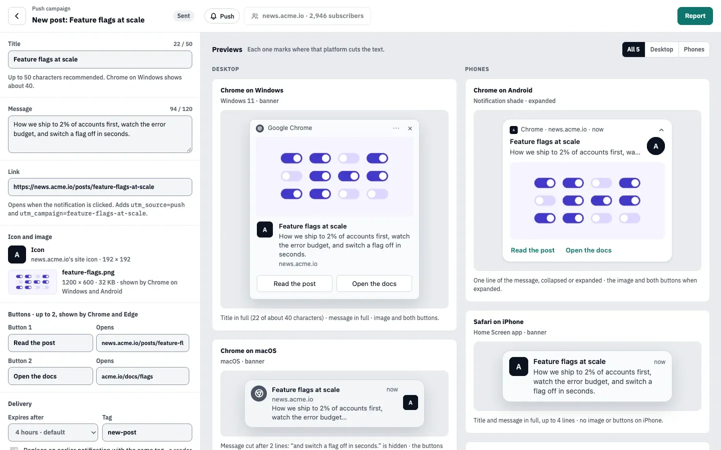 The push composer: title 22 of 50 characters, message 94 of 120, the link, icon, image and two buttons on the left, and previews for Chrome on Windows, Chrome on macOS, Chrome on Android and Safari on iPhone on the right.