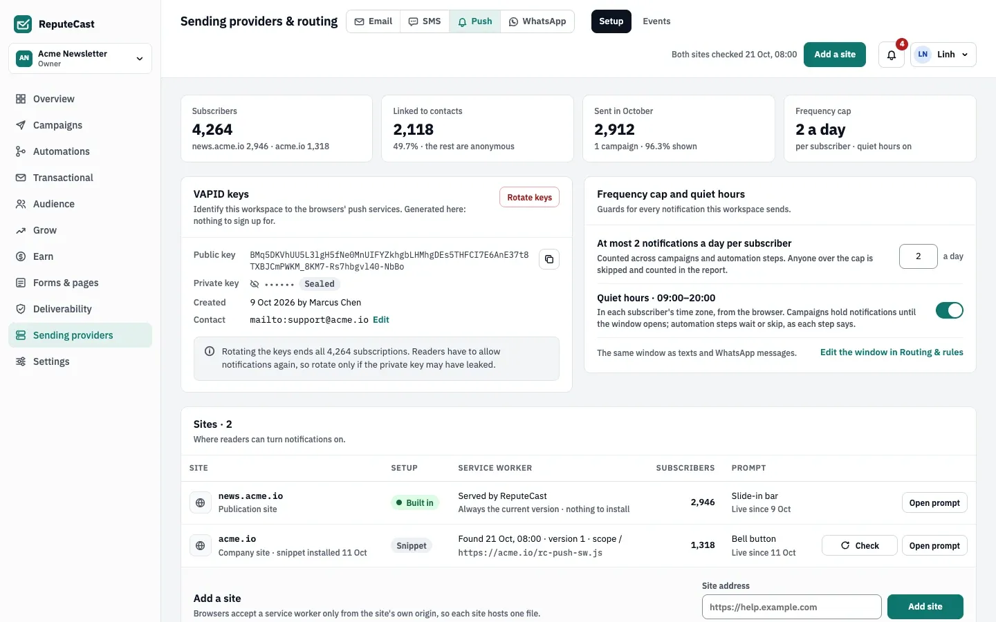 Push setup: subscriber totals, the workspace's VAPID keys with the private key sealed, the frequency cap of 2 a day and quiet hours 09:00–20:00, and two sites, the built-in publication site and a company site using the snippet.