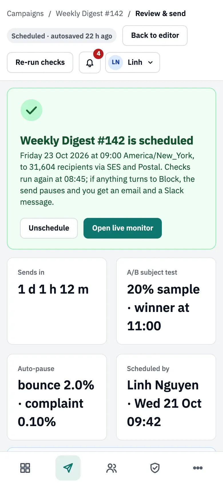 Review & send on a phone: the scheduled banner with Unschedule and Open live monitor, then tiles for the send time, the A/B subject test, the auto-pause thresholds and who scheduled it.