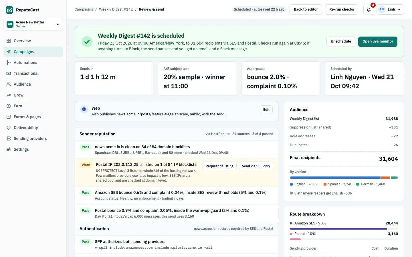 Review & send for Weekly Digest #142: a green banner says it is scheduled for Friday 23 October at 09:00 New York time to 31,604 recipients via SES and Postal, with check groups below and the audience estimate on the right.