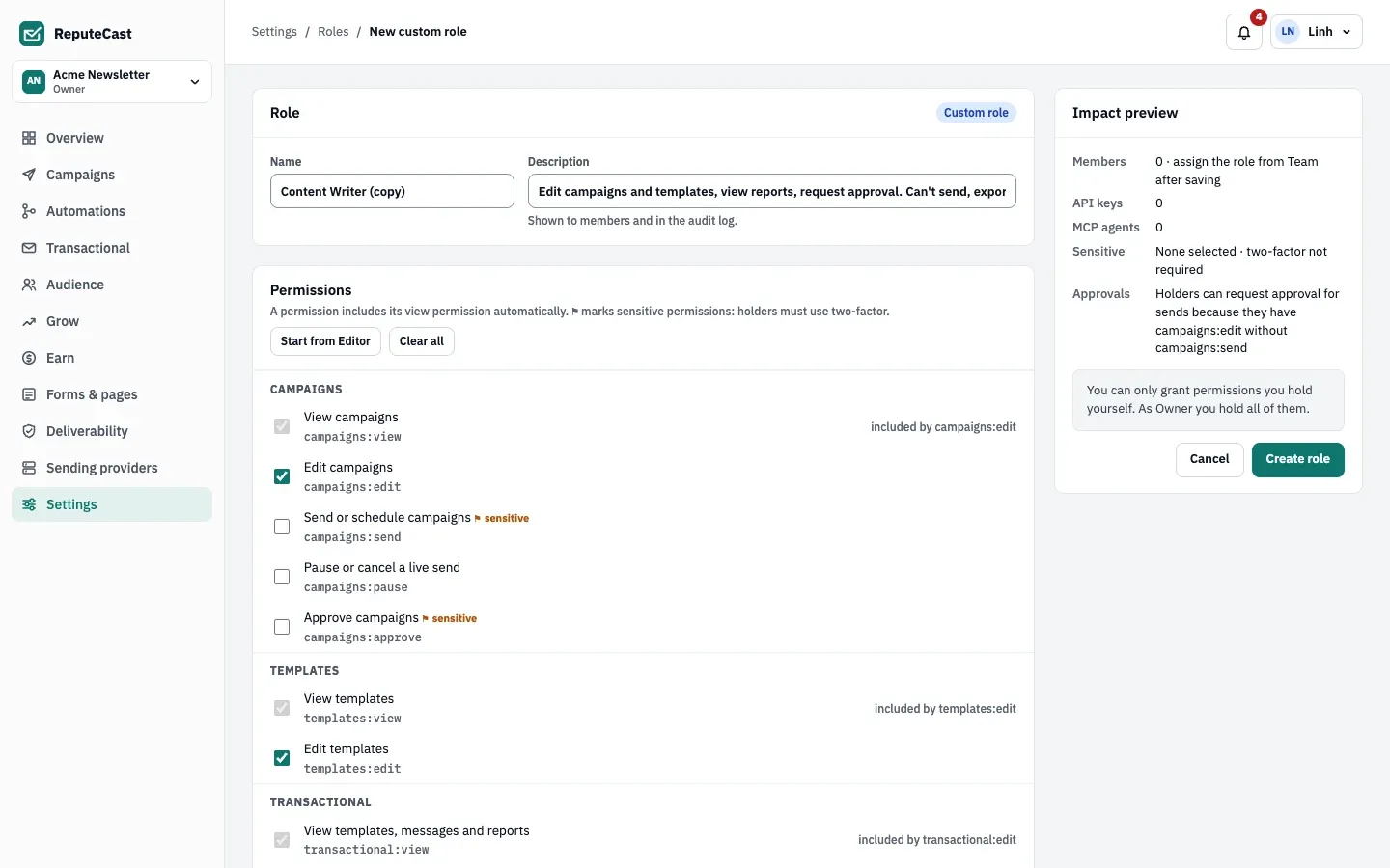 The role editor: name and description, permissions grouped by area with ⚑ on sensitive ones and included permissions checked and locked, and the Impact preview card on the right.