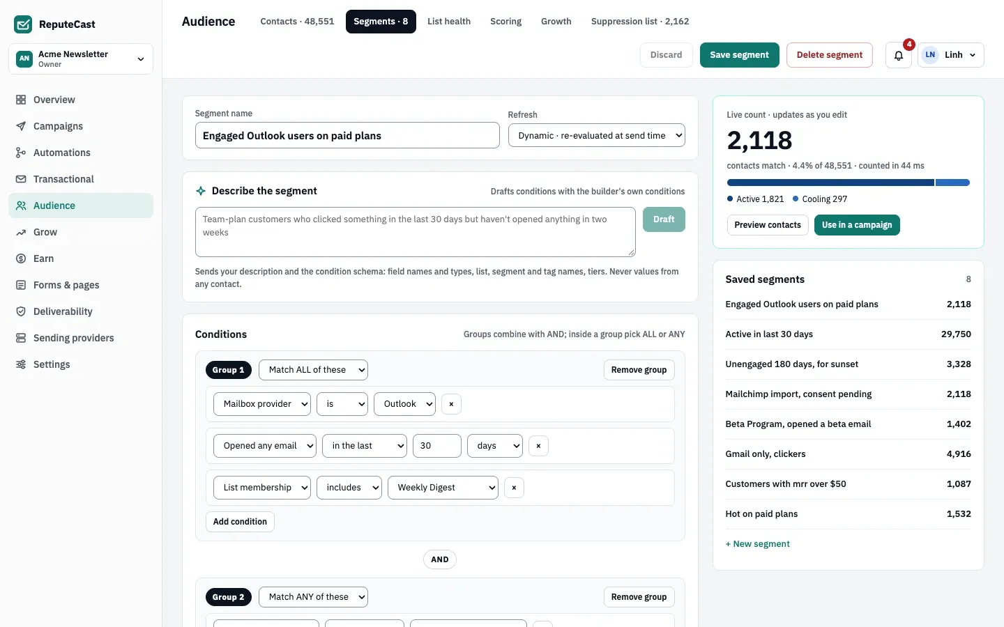 A segment named Engaged Outlook users on paid plans: Group 1 matches all of mailbox provider Outlook, opened any email in the last 30 days and list Weekly Digest; the live count shows 2,118 contacts, 4.4% of the workspace.