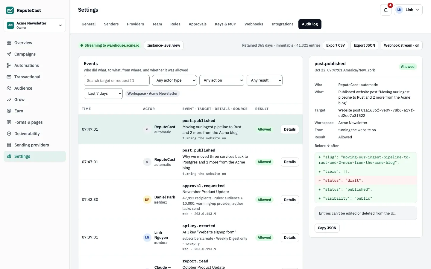 The workspace audit log: search and filters for actor type, action, result and date range above a list of entries with time, actor, event, target, source and result.