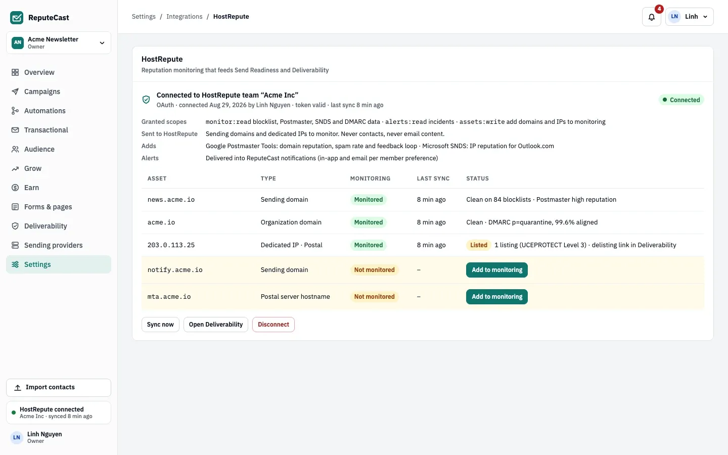 The HostRepute integration in Settings, connected by OAuth to the team Acme Inc: granted scopes, what is sent to HostRepute and how alerts arrive, then five assets. Three are monitored, one of them listed on UCEPROTECT Level 3, and two wait for Add to monitoring.