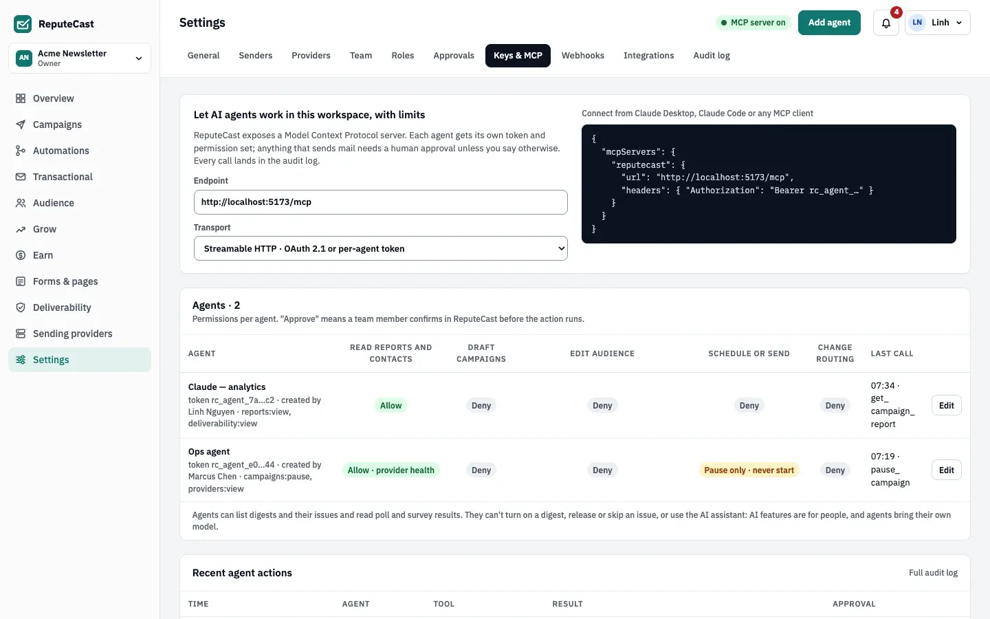 Settings, Keys & MCP: the MCP card with the endpoint and a client configuration snippet, and the agents matrix. One agent can read reports and contacts; an ops agent reads provider health and may pause sends but never start them.