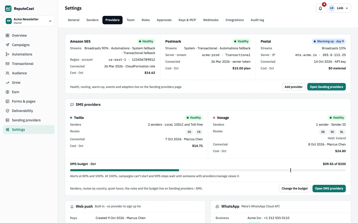Settings, Providers tab: summary cards for Amazon SES, Postmark and Postal with their status, streams, account and cost this month, followed by the SMS providers Twilio and Vonage with the monthly SMS budget.