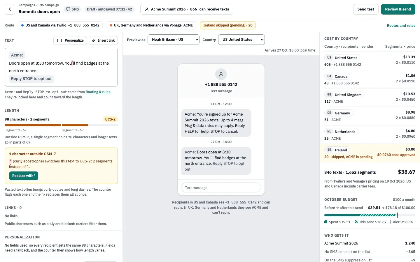 The SMS composer: the text with the brand prefix and opt-out text locked in, the character and segment count, a per-country cost estimate, and a phone preview.