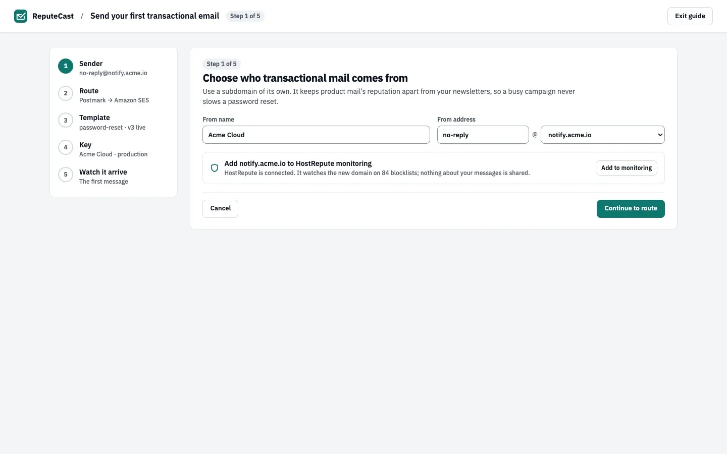 Step 1 of 5 of the first-send guide: From name Acme Cloud and From address no-reply@notify.acme.io, with the five steps listed on the left.