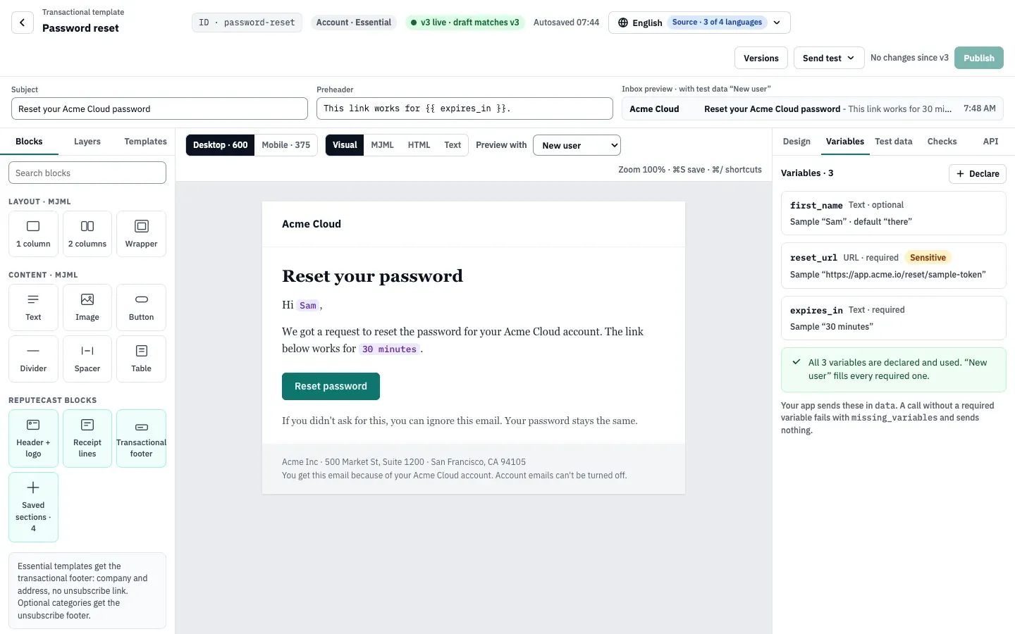 The Password reset template in the composer: ID password-reset, category Account · Essential, v3 live, and three declared variables in the Variables tab, one of them marked Sensitive.