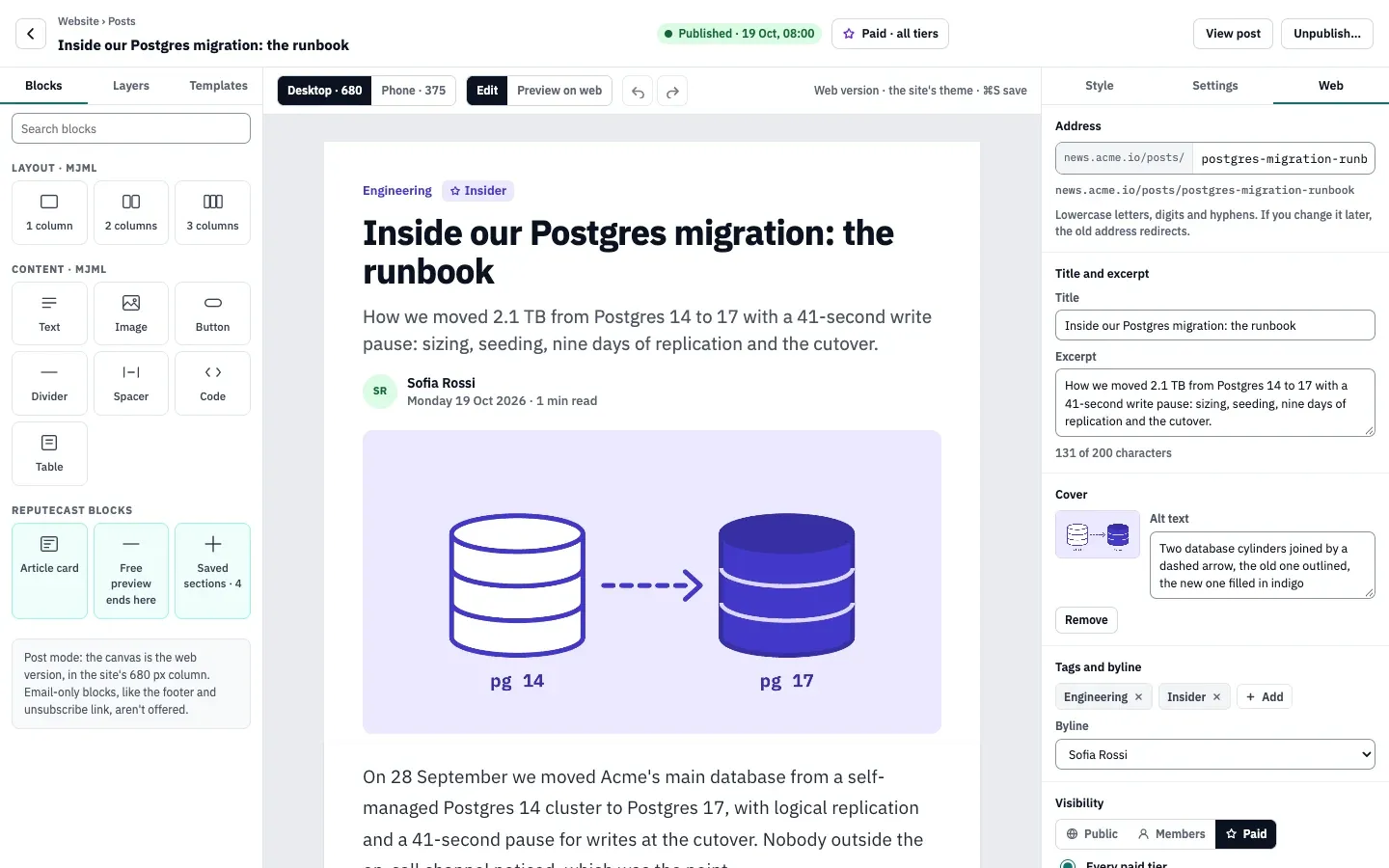 A web-only post in post mode: the Postgres migration runbook on the 680 px canvas, with the Web tab showing its address, title, excerpt, cover alt text, tags, byline and Paid visibility.